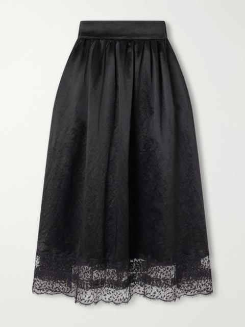 MARIA McMANUS Gathered lace-trimmed crinkled satin midi skirt Black