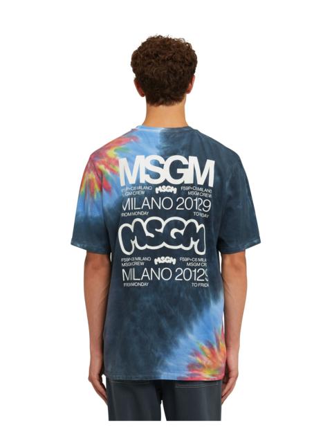 MSGM Tie dye cotton crewneck t-shirt with logo and graphics in collaboration with Burro Studio