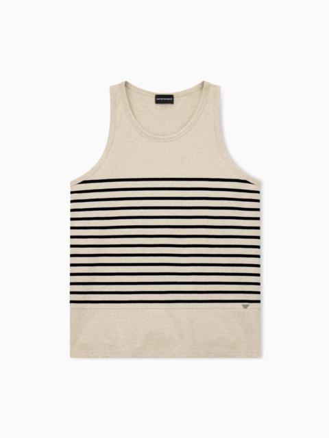 EMPORIO ARMANI TANK TOP IN COTTON AND LINEN JERSEY WITH HORIZONTAL STRIPES