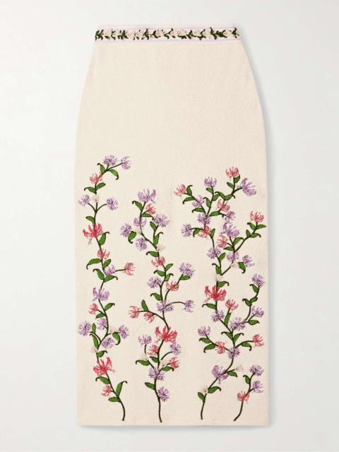 Agua by Agua Bendita Chlorella Honeysuckle appliquéd embroidered cotton-blend bouclé midi skirt Cream