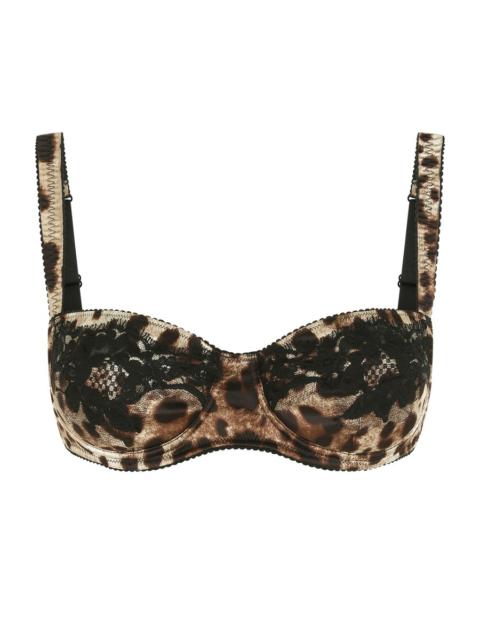 Leopard-print satin balconette bra with lace detailing