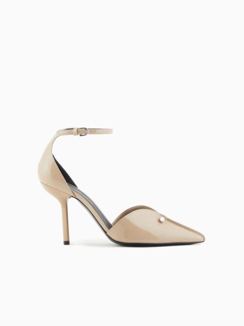 EMPORIO ARMANI Patent-leather pointed court shoes with strap and piercing