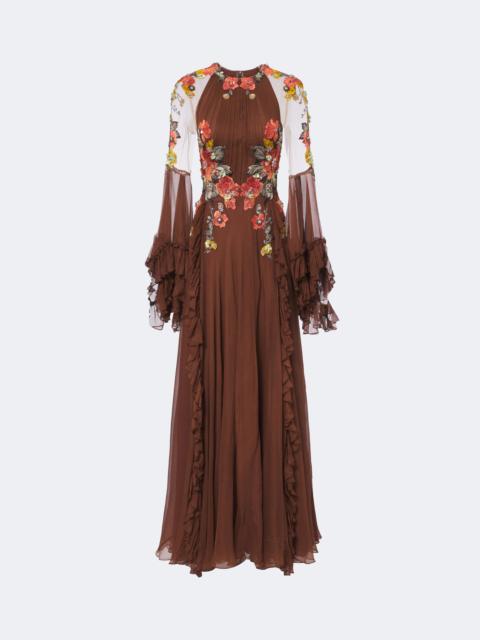 COSTARELLOS Embellished floral-appliqué silk gown