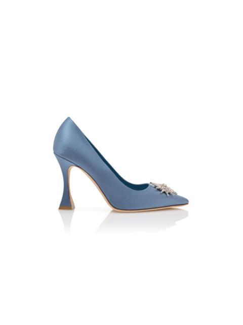 Manolo Blahnik Blue Satin Crystal Embellished Pumps
