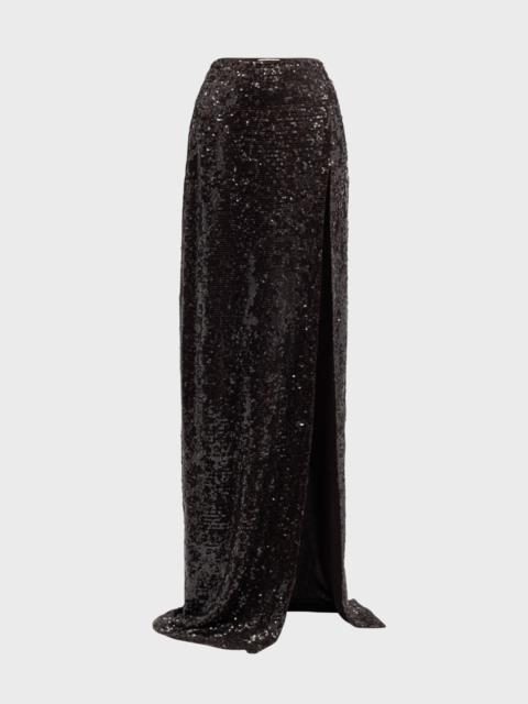 High-Waist Sequined Thigh-Slit Maxi Skirt