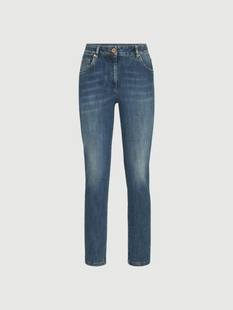 Brunello Cucinelli Stretch denim slim five-pocket trousers with shiny leather tab