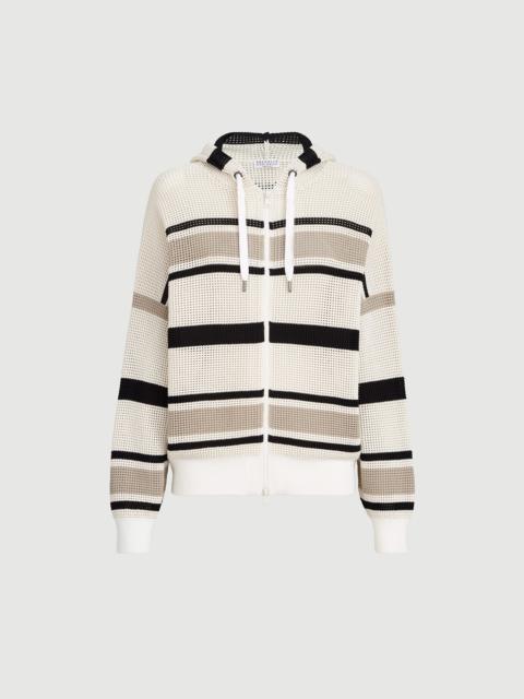 Brunello Cucinelli Striped cotton net hooded cardigan with zipper