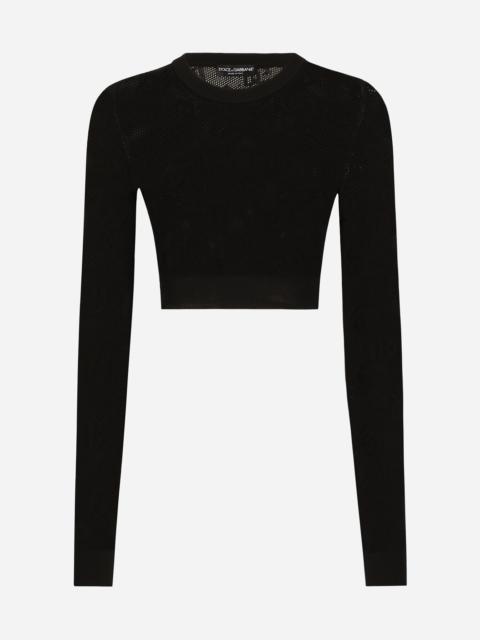 Dolce & Gabbana Cropped mesh-stitch viscose sweater with jacquard DG logo