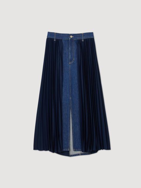Sandro DUAL-MATERIAL DENIM PLEATED SKIRT