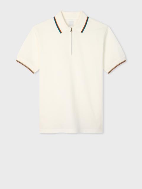 Paul Smith White Cotton 'Signature Stripe' Trim Zip Polo Shirt