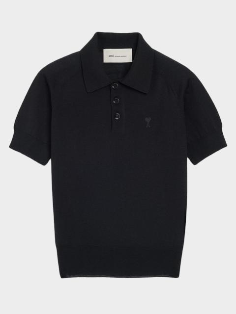 AMI Paris Ami De Coeur Short-Sleeve Wool Polo Top