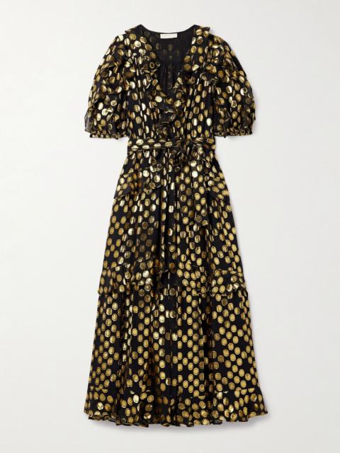 ULLA JOHNSON Tida belted metallic fil coupé silk-blend crepe de chine midi dress Black