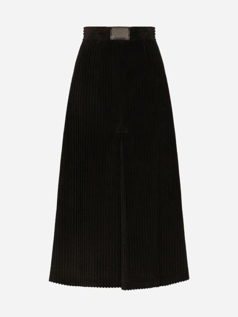Long corduroy A-line skirt with logo tag