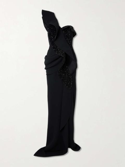 MATICEVSKI Pantheon Wave ruffled mesh-trimmed sequin-embellished crepe gown Black