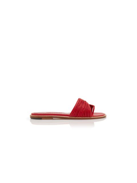 Manolo Blahnik Red Nappa Leather Gathered Flat Sandals
