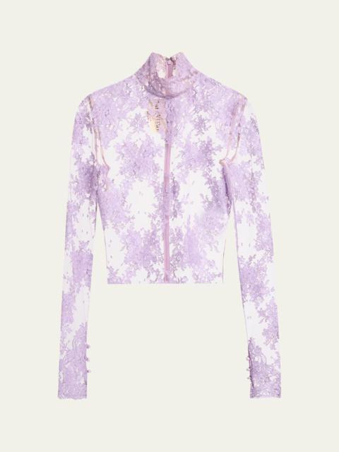 Valentino Mock-Neck Sheer Lace Long-Sleeve Top