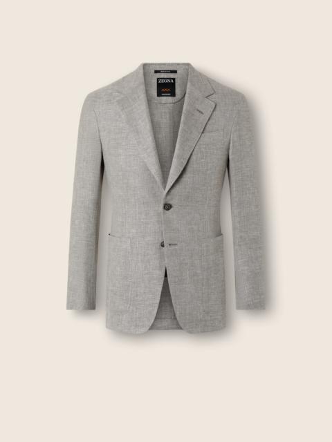 ZEGNA DARK TAUPE AND WHITE CROSSOVER LINEN WOOL AND SILK BLEND JACKET
