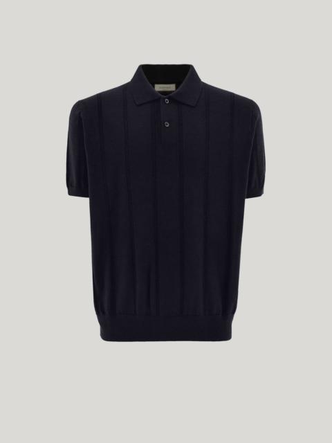 Canali NAVY BLUE MERINO WOOL STRUCTURED-RIB POLO SHIRT