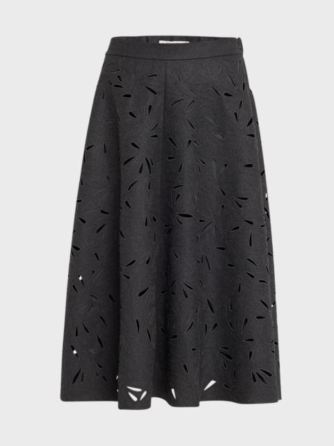 Flannel Wool A-Line Midi Skirt with Laser-Cut Floral Embroidery