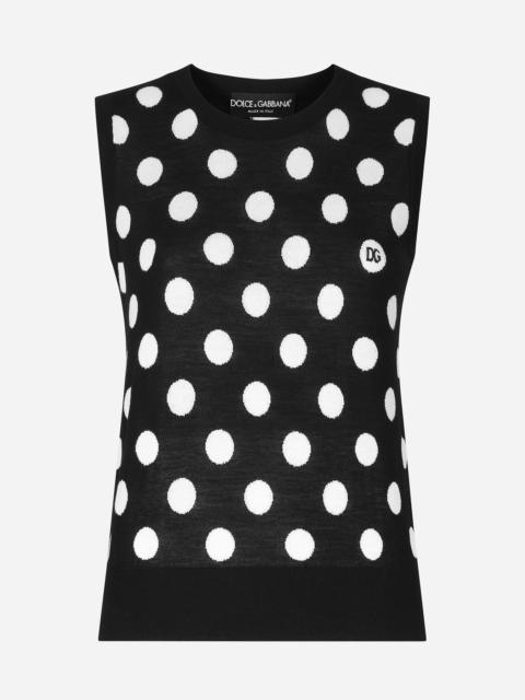 Silk and wool tank top with polka-dot inlay