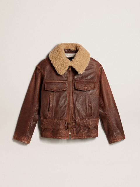 Golden Goose Wood-colored jacket with detachable shearling collar