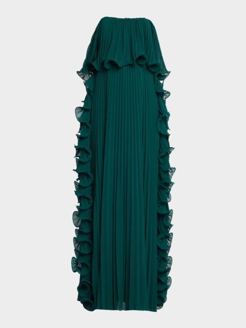 BADGLEY MISCHKA Strapless Pleated Ruffle Gown