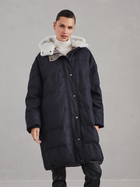 Brunello Cucinelli Virgin wool flannel down parka with detachable shearling insert and shiny zipper pull