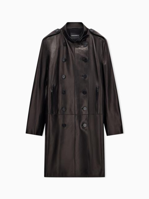 EMPORIO ARMANI DOUBLE-BREASTED TRENCH COAT IN NAPPA LEATHER WITH RAW EDGES