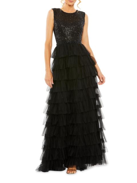 MAC DUGGAL Women's Sequin Tulle Ruffled Gown - Black