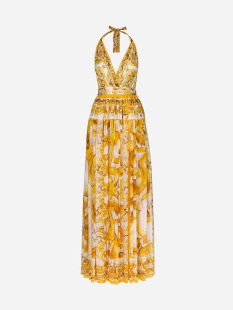Long sleeveless silk chiffon dress with majolica print
