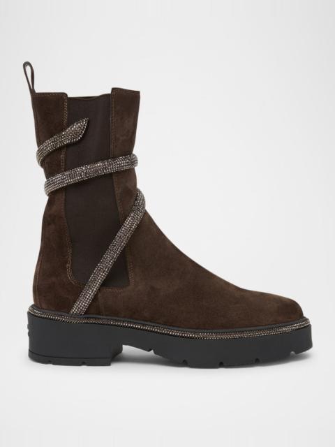 RENE CAOVILLA Cleo Suede Strass Snake Combat Boots
