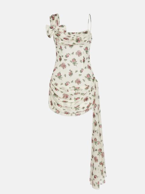 Alessandra Rich ROSE PRINT SILK GEORGETTE DRAPED MINI DRESS W/ BOW