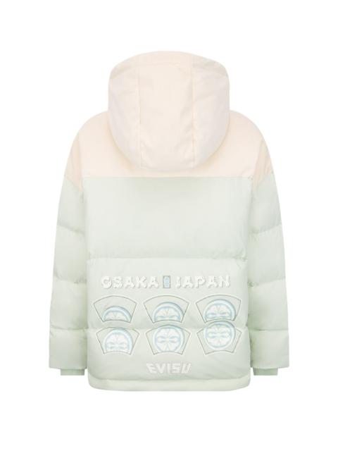 EVISU “Kamon Hide-and-Seek” Print Fabric Blocking Down Jacket