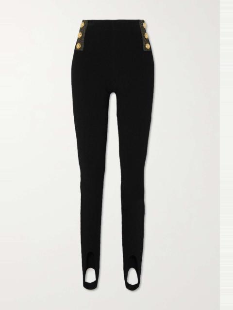 Button-embellished metallic ribbed-knit stirrup leggings