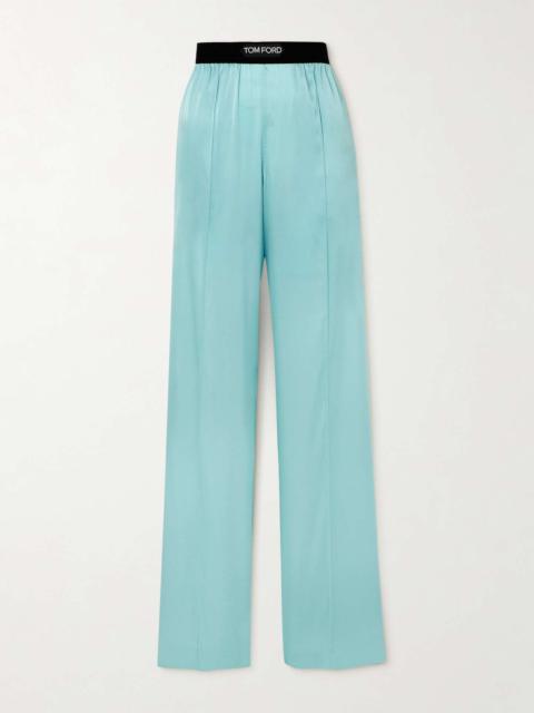 Jacquard-trimmed stretch-silk satin wide-leg pants
