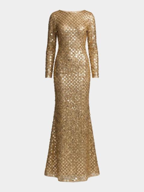 MAC DUGGAL Checker-Beaded Long-Sleeve Column Gown