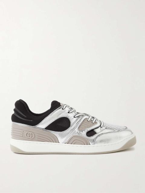 GUCCI Basket Distressed Metallic Leather, Jersey, Mesh and Rubber Sneakers