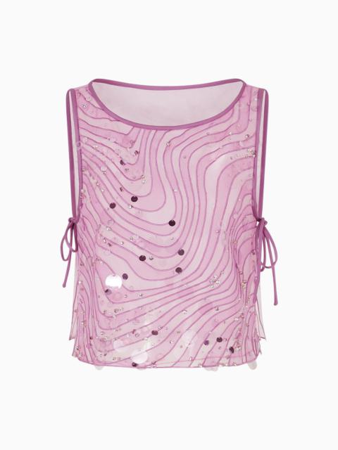 EMPORIO ARMANI Silk organza top with embroidery and sequins in a sand dune motif