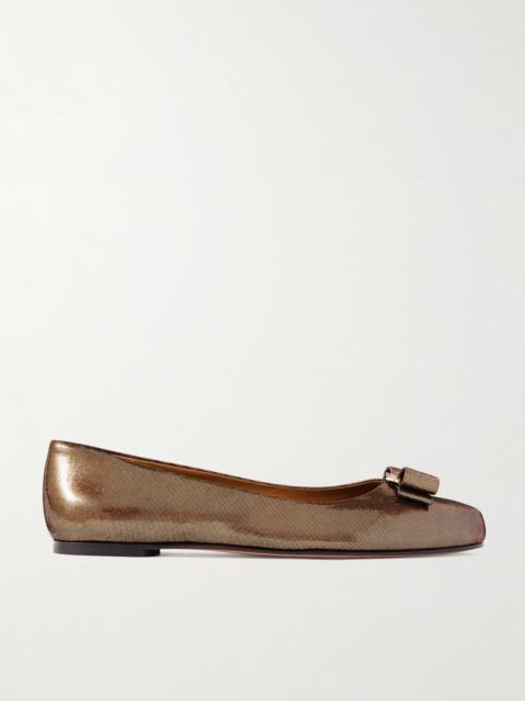 FERRAGAMO Varina bow-embellished lamé ballet flats Brown