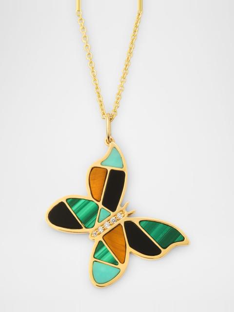 SYDNEY EVAN Mosaic Gemstone Butterfly Pendant with Diamonds on Tiffany Chain Necklace