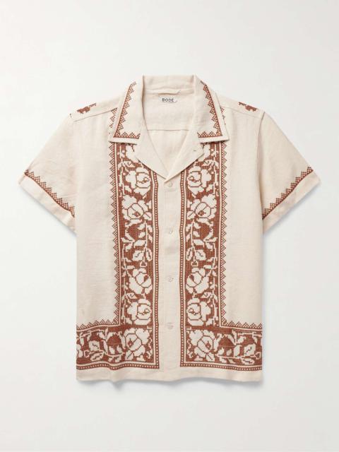 Rose Garland Camp-Collar Cross-Stitched Linen Shirt