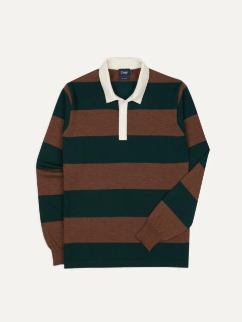 Drake's Green and Brown Block Stripe Knitted Rugby Shirt