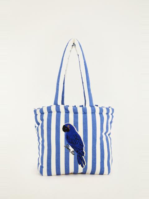 FARM RIO Blue Stripped Macaw Embroidered Tote Bag