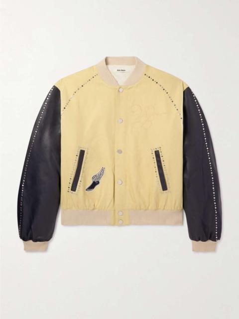 Sky Leather-Trimmed Cotton and Linen-Blend Varsity Jacket