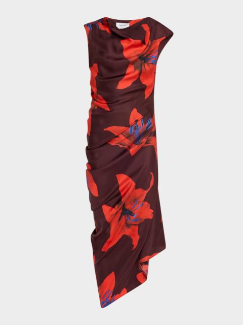 Alexander McQueen Lily-Print Draped Short-Sleeve Midi Dress