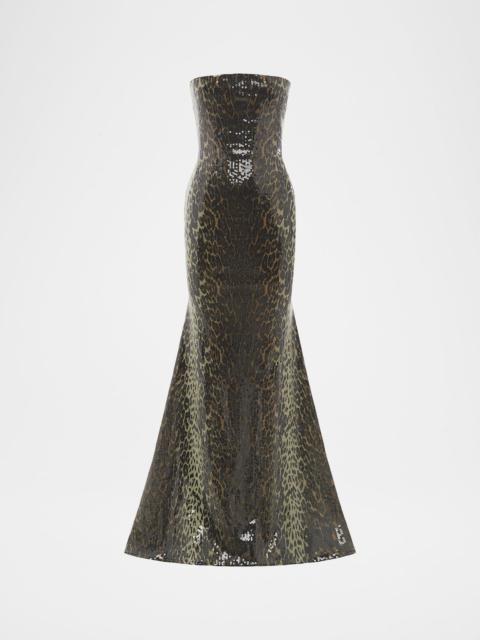 ALEX PERRY Strapless Leopard-Print Sequined Longline Trumpet Gown