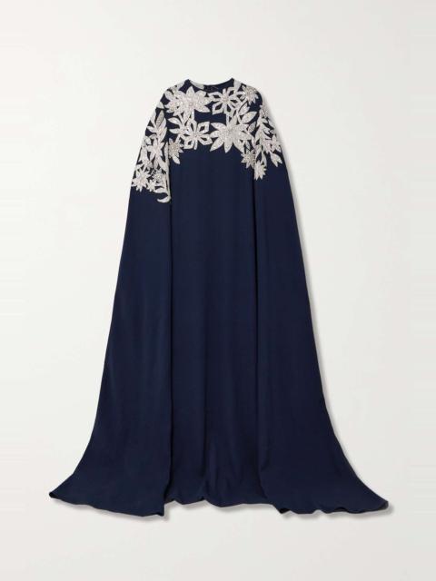 Cape-effect embellished stretch-silk crepe gown