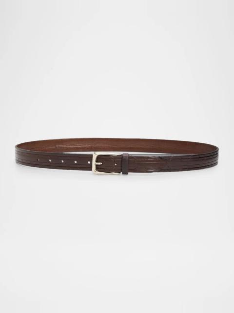 Brunello Cucinelli Men's Geometric-Embossed Leather Belt