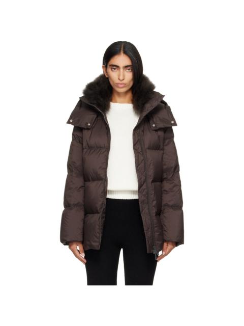 Yves Salomon Brown Waterproof Technical Lambswool Trim A-Line Down Jacket