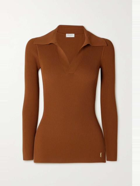 SAINT LAURENT Embellished ribbed-knit polo sweater